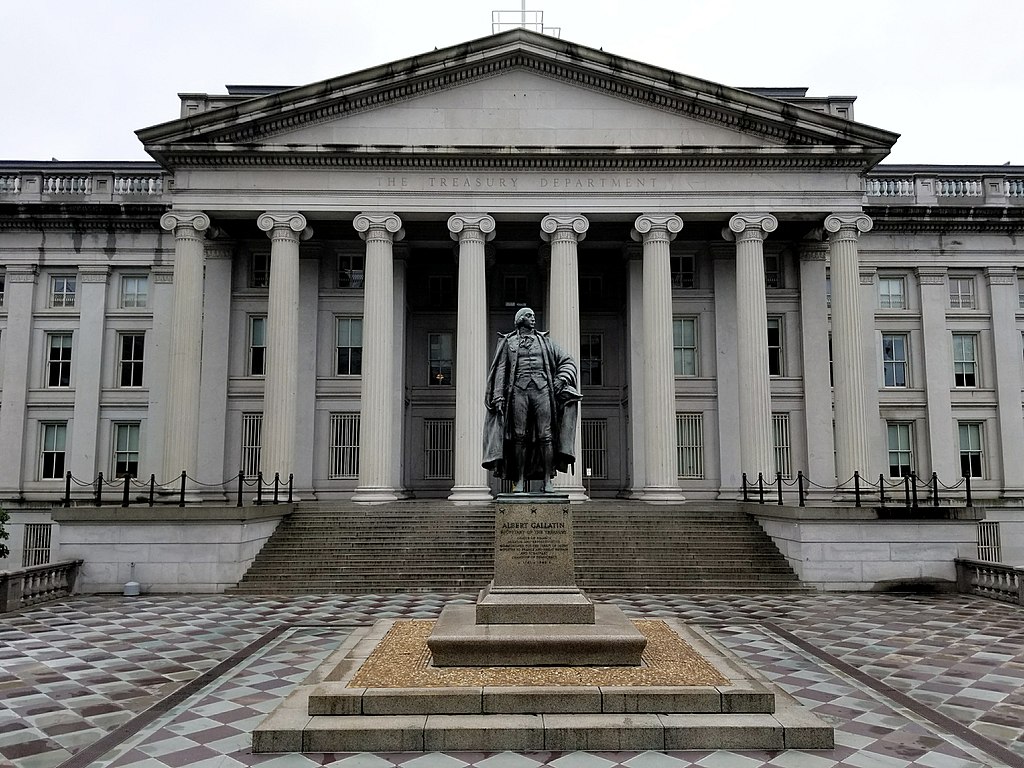U.S. Treasury Building and Albert Gallatin Statue